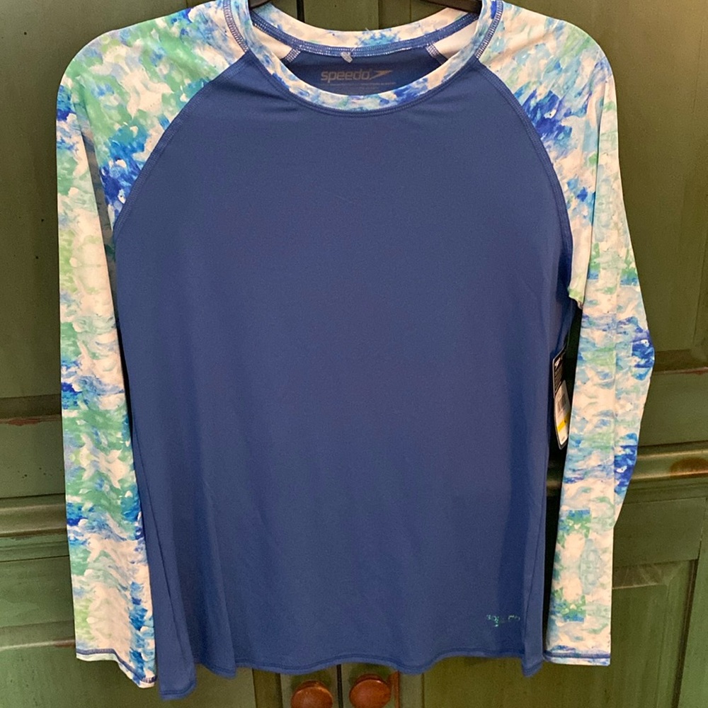 Speedo Bright Cobalt Rash Guard with Printed Sleeves size medium